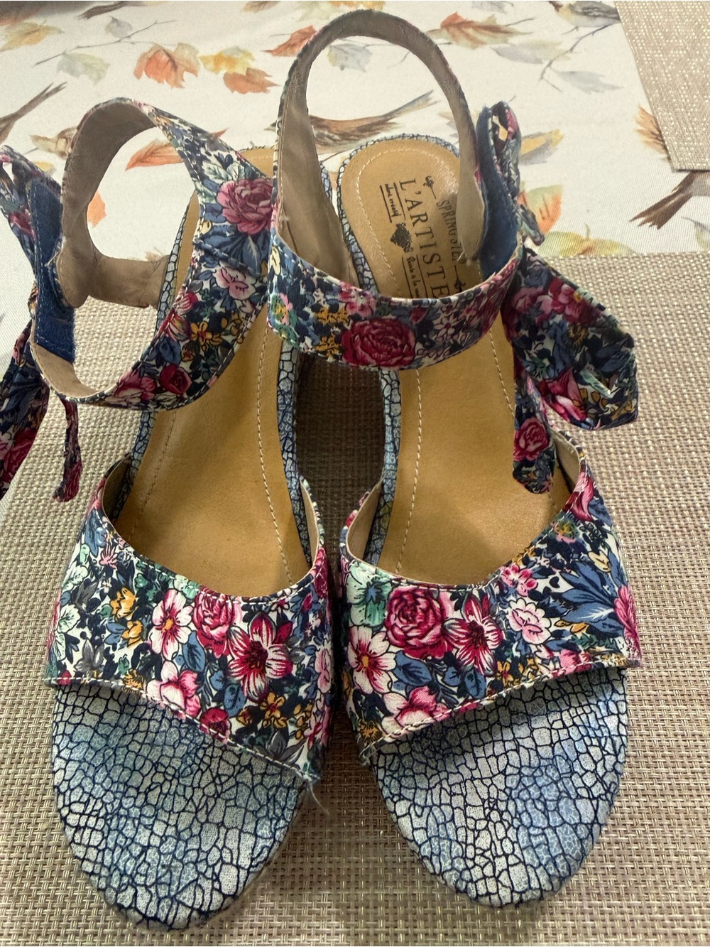L'ATISTE Floral Navy and Pink Wedge Sandals